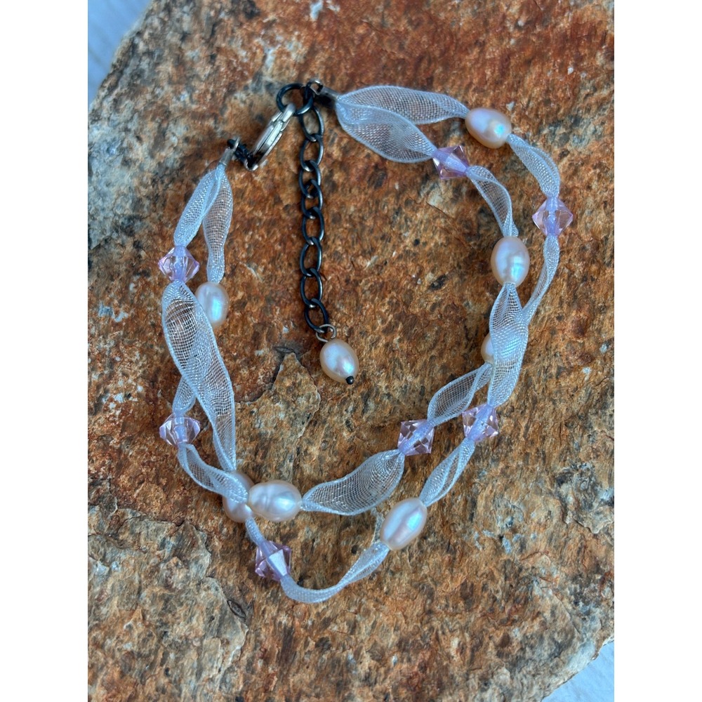 925 Sterling Silver Freshwater Pearl Lavender Crystal Mesh Ribbon Bracelet P185‎